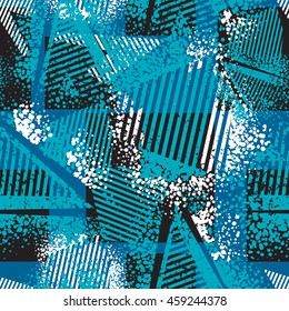 Abstract seamless pattern for girls and boys. Textured grunge urban dark wallpaper in blue, black and whit colors with geometric line, triangles, shape dots elements. Background for sport clothes.