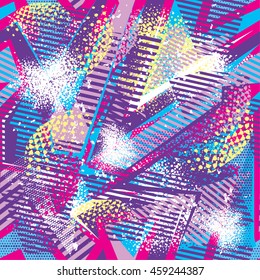 Abstract seamless pattern for girls and boys. Textured grunge urban colorful wallpaper in bright colors with geometric line, triangles, shape elements. Modern background for fashion, sport clothes.