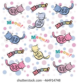 Abstract seamless pattern for girls or boys. Creative vector background with cat, kitten and bubbles. Funny wallpaper for textile and fabric. Fashion style. Colorful bright picture for children.Purple