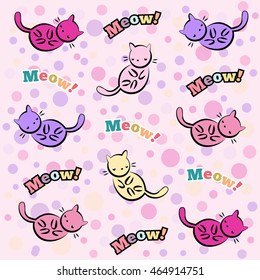 Abstract seamless pattern for girls or boys. Creative vector background with cat, kitten and bubbles. Funny wallpaper for textile and fabric. Fashion style. Colorful bright picture for children.Pink