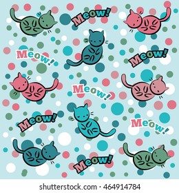 Abstract seamless pattern for girls or boys. Creative vector background with cat, kitten and bubbles. Funny wallpaper for textile and fabric. Fashion style. Colorful bright picture for children.Blue