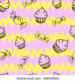 Abstract seamless pattern for girls or boys. Creative vector background with cupcake, candy.s.Funny wallpaper for textile and fabric.Fashion style.Colorful bright picture for children.yellow, pink