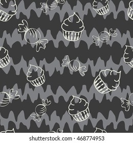 Abstract seamless pattern for girls or boys. Creative vector background with cupcake, candy.s.Funny wallpaper for textile and fabric.Fashion style.Colorful bright picture for children. grey, black
