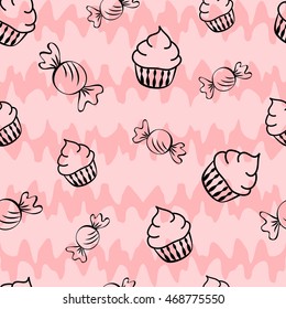 Abstract seamless pattern for girls or boys. Creative vector background with cupcake, candy.s.Funny wallpaper for textile and fabric.Fashion style.Colorful bright picture for children.Pink, red
