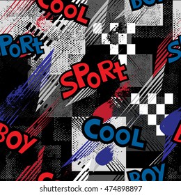 Abstract seamless pattern for girls, boys, clothes. Creative vector background with dots, geometric figures,stripes inscriptions.Funny wallpaper for textile and fabric. Fashion style. Colorful bright.
