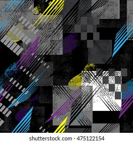 Abstract seamless pattern for girls, boys, clothes. Creative vector background with dots, geometric figures,stripes inscriptions.Funny wallpaper for textile and fabric. Fashion style. Colorful bright.