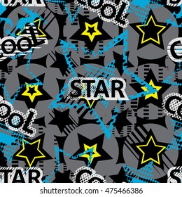 Patrón abstracto sin fisuras para niñas, niños, ropa. Creativo fondo vectorial con puntos, figuras geométricas, inscripciones, estrellas.Gracioso papel tapiz para textil y tela. Estilo de moda. Brillante y colorido.