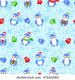 Abstract seamless pattern for girls, boys, clothes. Creative vector background with dots, penguins, snowflakes, gifts.Funny wallpaper for textile and fabric. Fashion style. Colorful bright.