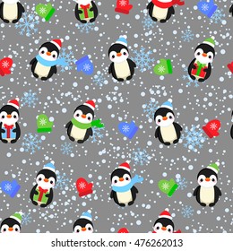 Abstract seamless pattern for girls, boys, clothes. Creative vector background with dots, penguins, snowflakes, gifts.Funny wallpaper for textile and fabric. Fashion style. Colorful bright.