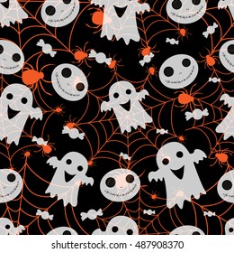 Abstract seamless pattern for girls or boys. Creative vector background with net, spider, ghost, halloween. Funny wallpaper for textile and fabric. Fashion style. Colorful bright picture for children.