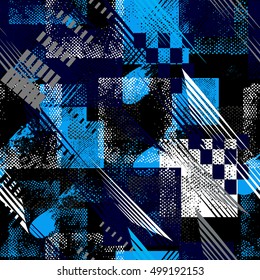 Patrón abstracto sin fisuras para niñas, niños, ropa. Creativo fondo vectorial con puntos, figuras geométricas, inscripciones de rayas.Gracioso papel tapiz para textiles y tejidos. Estilo de moda. Brillante y colorido.