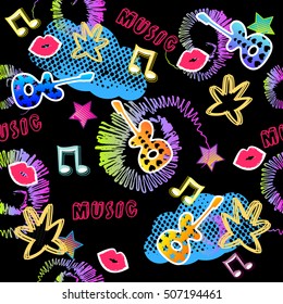 Abstract seamless pattern for girls, boys, clothes. Creative vector background with dots, guitar, lips star.Funny wallpaper for textile and fabric. Fashion style. Colorful bright. Purple, pink, blue
