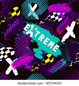 Abstract seamless pattern for girls, boys, clothes. Creative vector background with dots, geometric figures,stripes inscriptions.Funny wallpaper for textile and fabric. Fashion style. Colorful bright.