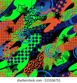 Abstract seamless pattern for girls, boys, clothes. Creative vector background with dots, geometric figures,stripes inscriptions.Funny wallpaper for textile and fabric. Fashion style. Colorful bright.