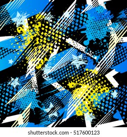 Abstract seamless pattern for girls, boys, clothes. Creative vector background with dots, geometric figures,stripes inscriptions.Funny wallpaper for textile and fabric. Fashion style. Colorful bright.