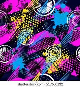 Abstract seamless pattern for girls, boys, clothes. Creative vector background with dots, geometric figures,stripes inscriptions.Funny wallpaper for textile and fabric. Fashion style. Colorful bright.