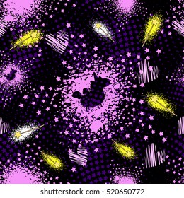 Abstract seamless pattern for girls, boys, clothes. Creative vector background with dots, geometric figures, stars, unicorn. Funny wallpaper for textile and fabric. Fashion style. Colorful bright.