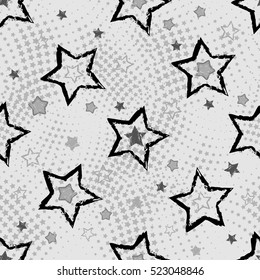 Abstract seamless pattern for girls, boys, clothes. Creative vector background with stars, geometric figures,stripes, dots.Funny wallpaper for textile and fabric. Fashion style. Colorful bright.
