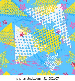 Abstract seamless pattern for girls, boys, clothes. Creative vector background with dots, geometric figures,stripes, stars.Funny wallpaper for textile and fabric. Fashion style. Colorful bright.