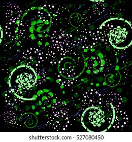 Abstract seamless pattern for girls, boys, clothes. Creative vector background with dots, geometric figures, space.Funny wallpaper for textile and fabric. Fashion style. Colorful bright.