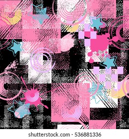 Abstract seamless pattern for girls, boys, clothes. Creative vector background with dots, geometric figures,stripes inscriptions.Funny wallpaper for textile and fabric. Fashion style. Colorful bright.