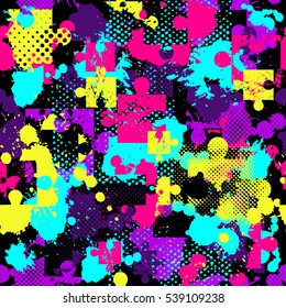 Abstract seamless pattern for girls, boys, clothes, sportswear. Creative vector background with puzzle, square, splash, dots.Funny wallpaper for textile and fabric.   Fashion style. Colorful bright. 