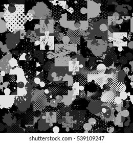 Abstract seamless pattern for girls, boys, clothes, sportswear. Creative vector background with puzzle, square, splash, dots.Funny wallpaper for textile and fabric.   Fashion style. Colorful bright.