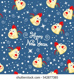 Abstract seamless pattern for girls, boys, clothes Creative vector background with congratulation, snowflakes, stars, cock. Funny wallpaper for textile and fabric. Fashion style.Colorful bright. 