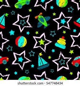 Patrón abstracto sin fisuras para niñas, niños, ropa. Creativo fondo vectorial con bola, figuras geométricas, estrellas, coches, aviones.Gracioso papel tapiz para textiles y tejidos.Estilo de moda.Colorido brillante.