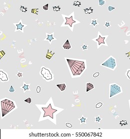 Abstract seamless pattern for girls or boys. Creative vector background with cloud, diamond, star. Funny wallpaper for textile and fabric. Colorful bright picture for children.pink, purple