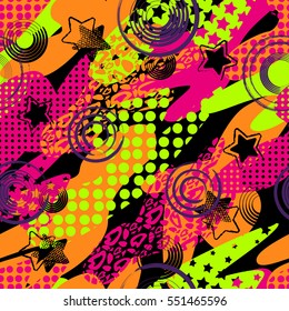 Abstract seamless pattern for girls, boys, clothes. Creative vector background with dots, geometric figures,stripes inscriptions.Funny wallpaper for textile and fabric. Fashion style. Colorful bright.