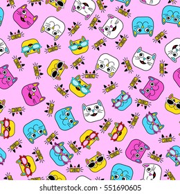 Abstract seamless pattern for girls, boys, clothes. Creative vector background with cat, glasses.Funny girlish, boyish, childish wallpaper for textile and fabric.Fashion style. Colorful bright, pink. 