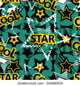 Abstract seamless pattern for girls, boys, clothes. Creative vector background with dots, geometric figures, inscriptions, stars.Funny wallpaper for textile and fabric. Fashion style. Colorful bright.