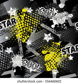Abstract seamless pattern for girls, boys, clothes. Creative vector background with dots, geometric figures,stripes inscriptions.Funny wallpaper for textile and fabric. Fashion style. Colorful bright.