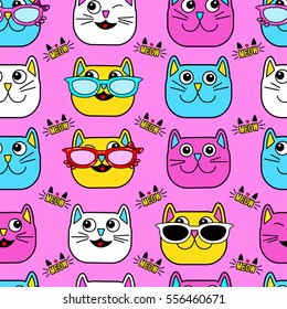 Abstract seamless pattern for girls, boys, clothes. Creative vector background with cat, glasses, eyes, mustache.Funny wallpaper for textile and fabric. Fashion style. Colorful bright. 