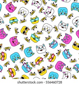 Abstract seamless pattern for girls, boys, clothes. Creative vector background with cat, glasses, eyes, mustache.Funny wallpaper for textile and fabric. Fashion style. Colorful bright.  