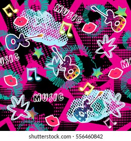 Abstract seamless pattern for girls, boys, clothes. Creative vector background with dots, guitar, lips star.Funny wallpaper for textile and fabric. Fashion style. Colorful bright. Purple, pink, blue 