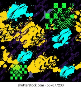 Abstract seamless pattern for girls, boys, clothes. Creative vector background with car, geometric figures,stripes, speedometer.Funny wallpaper for textile and fabric. Fashion style. Colorful bright.