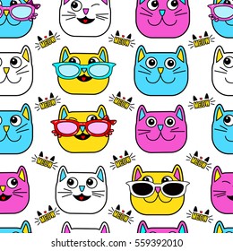 Abstract seamless pattern for girls, boys, clothes. Creative vector background with cat, glasses, eyes, mustache.Funny wallpaper for textile and fabric. Fashion style. Colorful bright. 