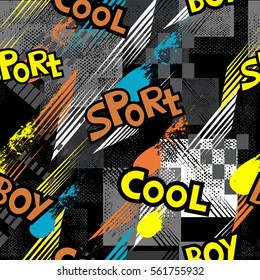 Abstract seamless pattern for girls, boys, clothes. Creative vector background with dots, geometric figures,stripes inscriptions.Funny wallpaper for textile and fabric. Fashion style. Colorful bright 