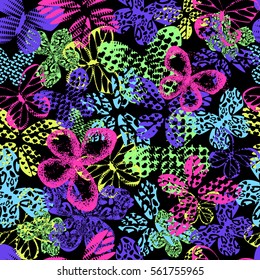Abstract seamless pattern for girls, boys, clothes, wallpaper. Creative vector background with butterfly, wings, neon color. Funny wallpaper for textile and fabric. Fashion style.  Colorful bright.   