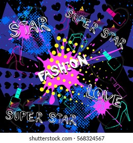 Abstract seamless pattern for girls, boys, clothes. Creative vector background with dots, pomade, shoes, star.Funny wallpaper for textile and fabric. Fashion style. Colorful bright.Pink, blue, purple