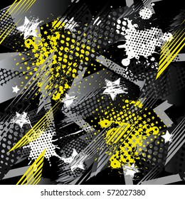 Abstract seamless pattern for girls, boys, clothes. Creative background with dots, geometric figures,stripes inscriptions.Funny wallpaper for textile and fabric. Fashion style. Colorful bright. 