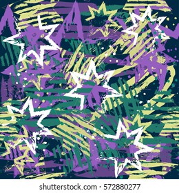 Patrón abstracto sin fisuras para niñas, niños, ropa. Creativo fondo vectorial con estrellas, figuras geométricas, rayas, puntos.Gracioso papel tapiz para textiles y tejidos. Estilo de moda. Brillante y colorido.    