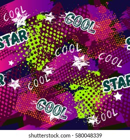 Abstract seamless pattern for girls, boys, clothes. Creative vector background with dots, geometric figures,stripes inscriptions.Funny wallpaper for textile and fabric. Fashion style. Colorful bright.