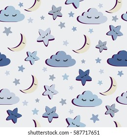 Abstractas patrón sin fisuras para niñas o niños. Fondo de Vector creativo con nube, luna, estrella. Fondo de pantalla divertido para textil y tela. Estilo de moda. Imagen brillante colorida para children.pink, púrpura