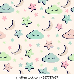 Abstract seamless pattern for girls or boys. Creative vector background with cloud, moon, star. Funny wallpaper for textile and fabric. Fashion style. Colorful bright picture for children.pink, purple