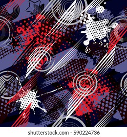 Abstract seamless pattern for girls, boys, clothes. Creative vector background with dots, geometric figures,stripes inscriptions.Funny wallpaper for textile and fabric. Fashion style. Colorful bright.