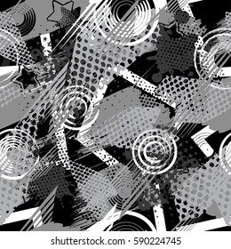 Abstract seamless pattern for girls, boys, clothes. Creative vector background with dots, geometric figures,stripes inscriptions.Funny wallpaper for textile and fabric. Fashion style. Colorful bright.