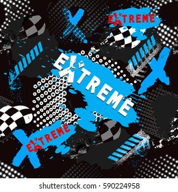 Abstract seamless pattern for girls, boys, clothes. Creative vector background with dots, geometric figures,stripes inscriptions.Funny wallpaper for textile and fabric. Fashion style. Colorful bright.